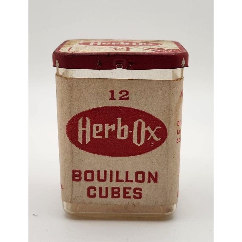 Vintage Herb Ox Bouillon Cubes Empty Plastic 2" Box Metal Lid Kitchen Decor